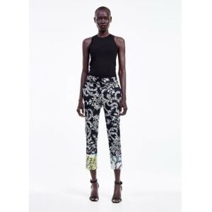 ZARA Printed Ankle Pants | Black Cream Tropical Floral | 97% Cotton Stretch | 2